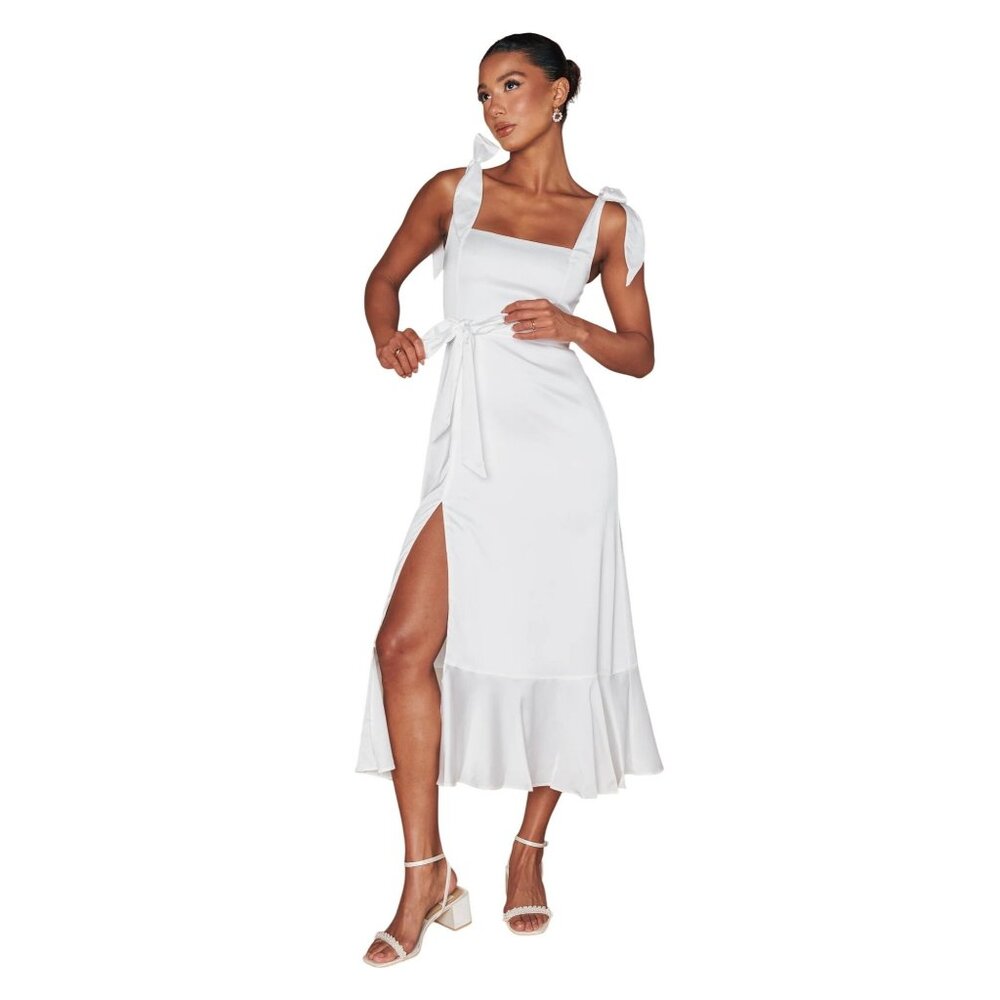 Show Me Your Mumu White Midi Dress With Bow Tie Straps & Smocked Back NWOT